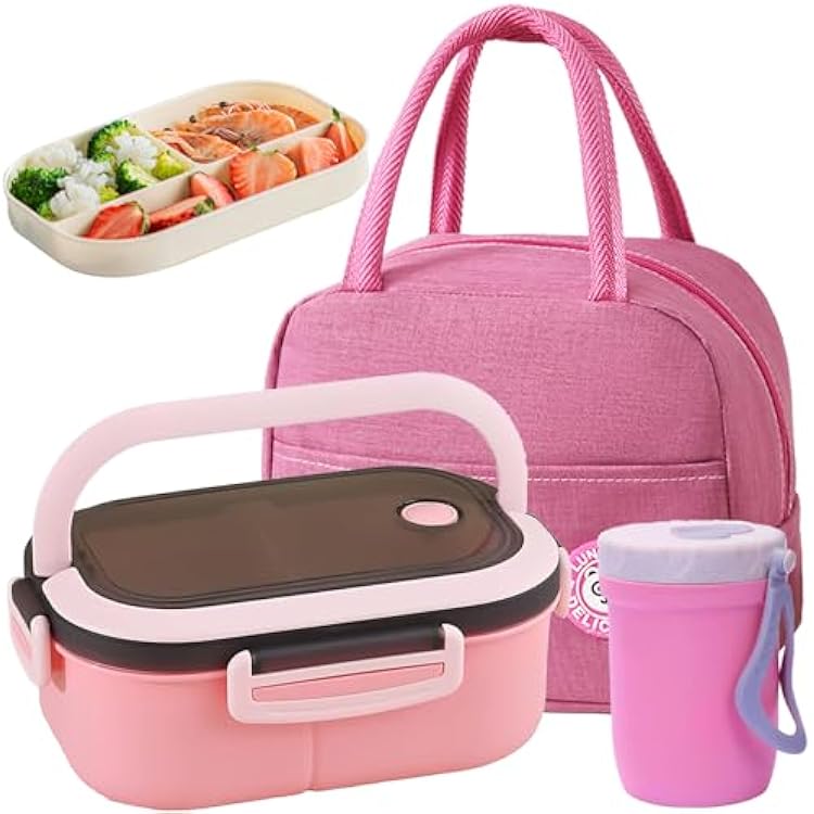 Bento Box Adult Lunch Box, Containers for Adults Men Women with 3 Compartments, SaladFood Container with Utensils, Soup cup, Handbag, Muffin Liners, 45 Oz, Microwave & Dishwasher Safe Pink