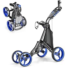 ULTIMATE 4 Wheel Golf Push Cart ، خفيفة الوزن قابلة للطي عربة الغولف مع بطاقة قياس الأداء / الكأس / المظلة / حقيبة الجولف وحقيبة المبرد ، الحامل العلوي مع حزام مرن ، فرامل القدم ومقبض قابل للتعديل
