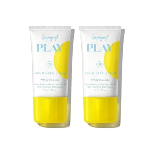 سوبرجوب! لوشن PLAY المعدني - 1 أونصة، عبوة من 2 - واقي من الشمس واسع الطيف SPF 30 للوجه والجسم - خفيف الوزن، سريع الامتصاص، مقاوم للماء - مع الطحالب الخضراء