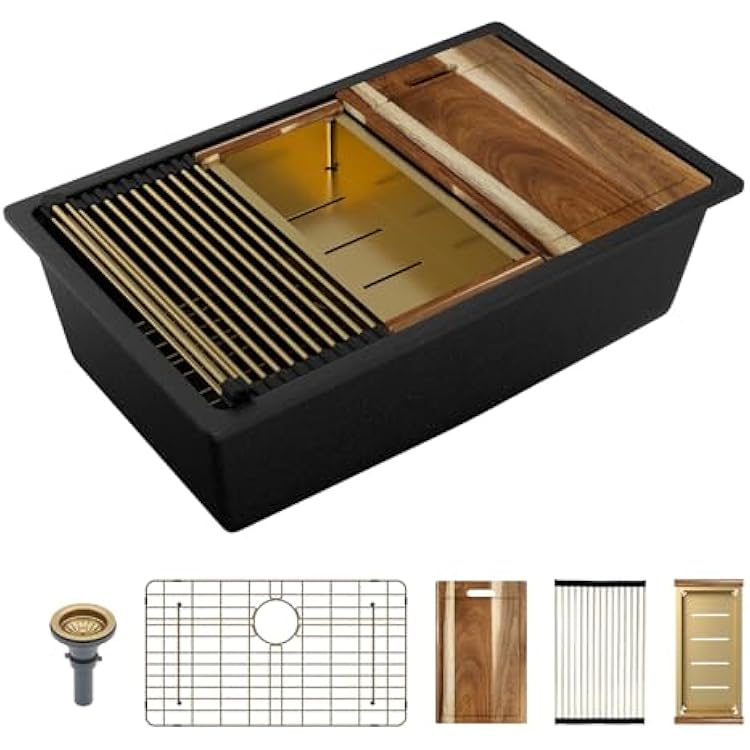 Sarlai 30 Granite Composite Kitchen Sink - 30x19 Black Undermount Kitchen Sink Ledge Workstation Matte Black Granite Quartz Composite Under-Mount Single Bowl Sinks Basin with Gold Accessories
