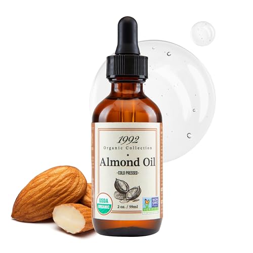 1992 Organic Collection Almond Oil 2oz 60ml - زيت عضوي معتمد من وزارة الزراعة الأمريكية، غير معدّل وراثيًا، نقي 100%، مضغوط على البارد، ناقل | للشعر والحواجب والبشرة، يمنح الترطيب ويرطب البشرة وينعمها