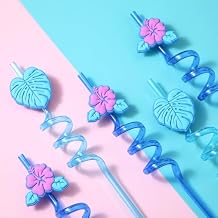 SiliFine 24 Pcs Reusable Plastic Straws Cartoon Ohana Party Favors Leaf Flower Shaped Blue Pink Color Silly Drinking Straws for Kids Hawaii Cartoon Themed Birthday Party Decor and Supplies