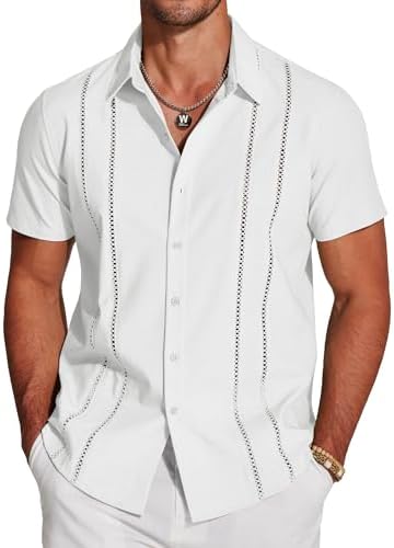 COOFANDY رجل الكوبي Guayabera قميص قصير الأكمام زر أسفل القمصان عارضة الصيف شاطئ الكتان القمصان