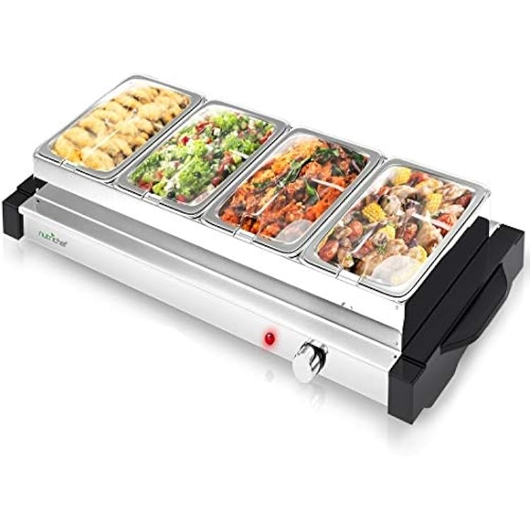 Nutrichef Electric Hot Plate Food Warmer 4 - مجموعة أطباق البوفيه خادم التكييف ، صينية تدفئة كهربائية محمولة من الفولاذ المقاوم للصدأ مع أقسام 4 1.6 حاوية خدمة كوارت مع غطاء