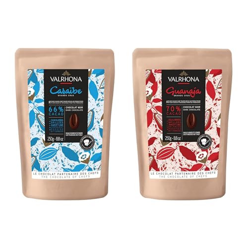 Valrhona Premium Baking Chocolate Discs Feves, Dark Chocolate CARAIBE 66% Cacao Grand Cru Blend, and Dark Chocolate GUANAJA 70% wIntense & Smooth with Bitter Notes, For Cookies, Cakes, and more
