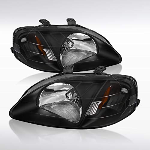 Autozensation Compatible with 1999-2000 Honda Civic EK EX LX Si LR Pair Head Light Lamp Assembly, Black Headlights