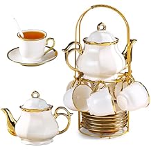 20-Piece Porcelain Tea Sets for Adults, British Style Tea Party Sets for 6 Adults, Includes Tea Cups and Saucers, Teapot, Spoons & Metal Rack, Elegant Ceramic Tea Set for Women, Wedding & Home Decor
