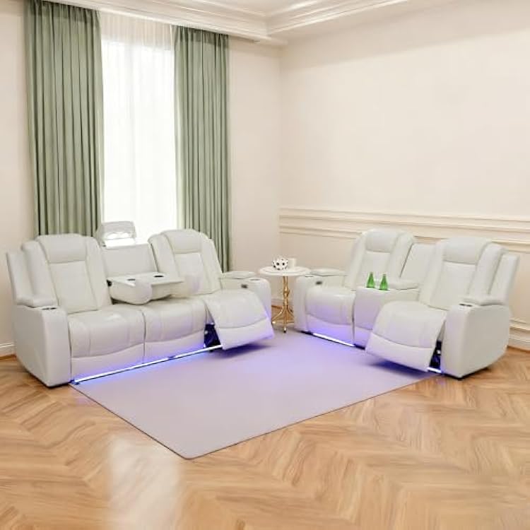 Power Recliner Sofa Set with LED Lights,Leather Reclining Couch and Loveseat Set with USB PortCoffee TableCup Holder,Living Room Set with 4 Recliner Seats for House2 Piece Set,Creamy