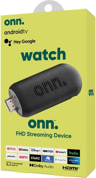 ONN Android TV 2K FHD Streaming Stick مع جهاز التحكم عن بعد ومحول الطاقة WiFi HDMI Chromecast مدمج