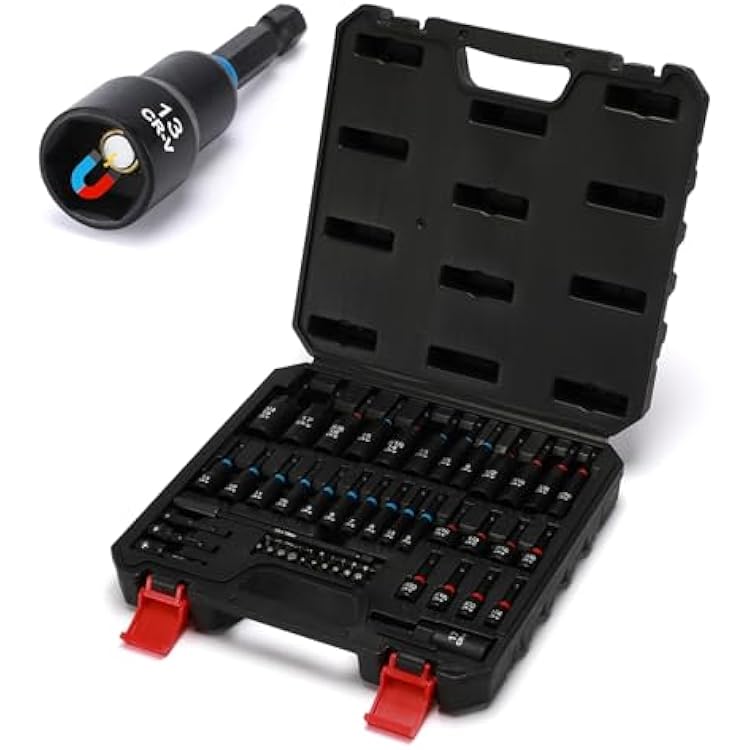 55PCS Magnetic Nut Driver Set, Metric & SAE Magnetic Impact Drill Driver Bit, Deep Nut Driver Set, Wing Nut Driver, 14 Quick Change, Heavy Duty Socket Adapters & Bit Extensions, Storage Box