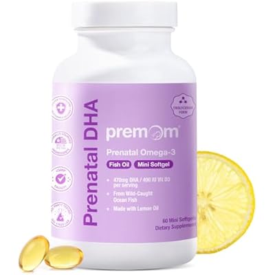 Premom Prenatal DHA, Omega 3 Fish Oil in Triglyceride Form, 60 Mini Softgels, 470mg DHA, 200mg EPA, 400IU Vitamin D3, Supports Baby Brain Development During Pregnancy & Nursing, Lemon Oil Infused