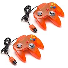 وحدة تحكم KIWITATA 2 Pack Classic N64، وحدة تحكم لوحة ألعاب عصا التحكم السلكية Retro N64 لوحدة تحكم الفيديو N64 باللونين البرتقالي والأحمر الشفاف