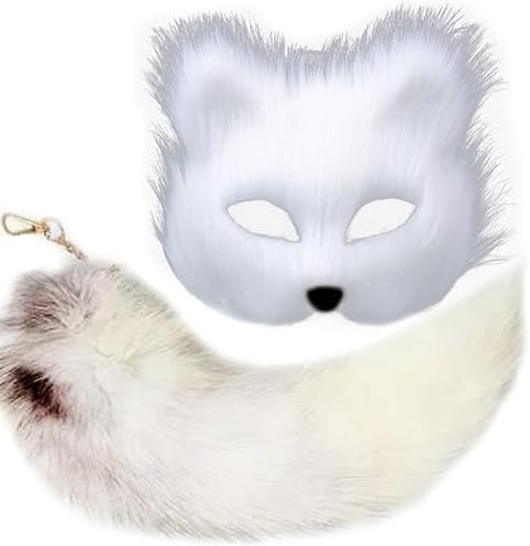 YXCFEWD Therian Mask and Tail - طقم قناع وذيل قطة فروي على شكل ذئب ثعلب للنساء