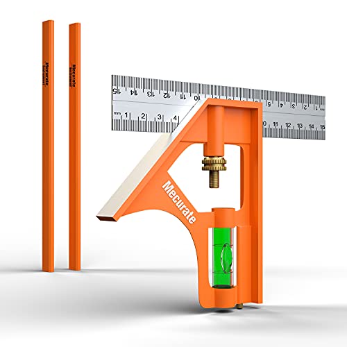 Mecurate 6 Combination Square، 6 Inch 150mm Stainless Steel Combo Square لقياس النجارة الدقيقة والقابلة للتعديل مع أقلام النجارة 2pcs
