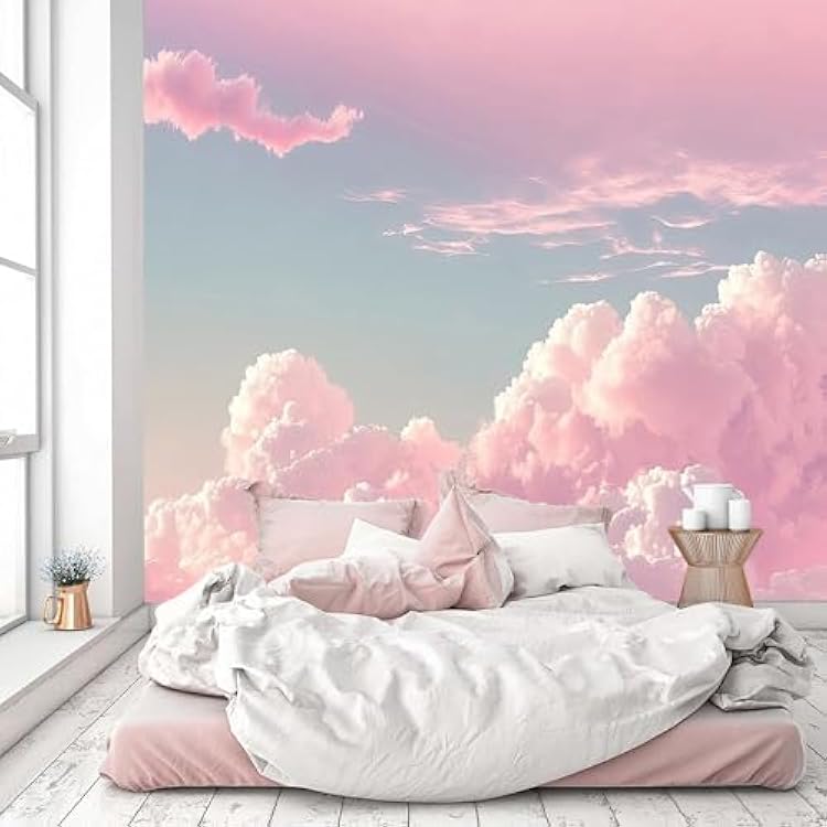 Pink Clouds 3D Wall Mural, Sky Scenery Removable Self-Adhesive 3D Mural Wallpaper for Kindergarten Bedroom Living Room Kids Room Tv Sofa Background Wall,135W x106.3H