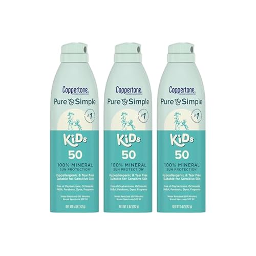 بخاخ واقي من الشمس للأطفال من Coppertone Pure and Simple بعامل حماية من الشمس SPF 50، واقي من الشمس من أكسيد الزنك المعدني للبشرة الحساسة، مضاد للحساسية وخالٍ من الدموع، علبة 5 أونصة، عبوة من 3 قطع