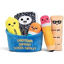Emotional Support School Supplies Plush by Relatable, Cute Stuffed Animals and Squishy Toys, Includes 5 School Supply Plushies with Carrying Basket, Fun Graduation Gifts & Cute Stuff