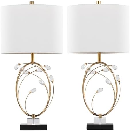 Crystal Buds 25 Table Lamp in Black Metal Base with Glass Crystals and Gold Metal with Off-White Linen Shade Set of 2