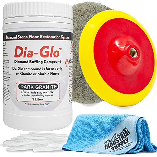 Dia-Glo Diaglo Dark Granite 1QT ، مركب تلميع أرضية الجرانيت الحجري - 7 وسادة باكر بوصة - وسادة نورتون البيضاء - قماش 16x16 من الألياف الدقيقة - قفازات - حزمة - 5 عناصر