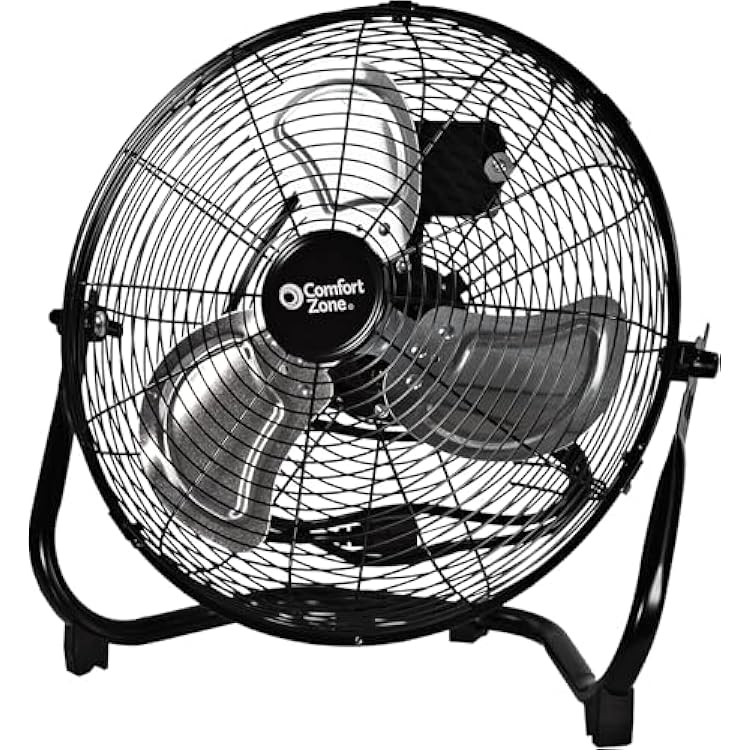 Comfort Zone Cradle Floor Fan, Electric, High-Velocity,180 Degree Adjustable Tilt, 14 inch, 3 Speed, Carry Handle, Rubber Feet, Metal, Airflow 21 ftsec, Ideal for Garage or Workshop, CZHV14B