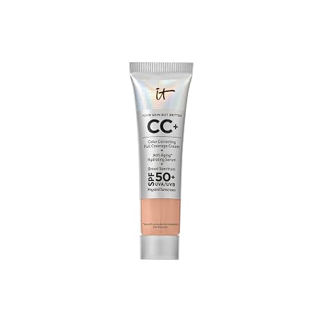 كريم CC+ من IT Cosmetics - كريم أساس طبيعي بتغطية كاملة مع عامل حماية من الشمس SPF 50+، مصحح للألوان ومصل مرطب مضاد للشيخوخة، حمض الهيالورونيك + ببتيدات، خفيف الوزن حتى 24 ساعة، لجميع أنواع البشرة