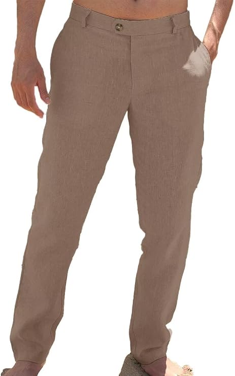 Mens Linen Casual Trousers Lightweight Relaxed Fit Pants for Summer Beach with Pockets
