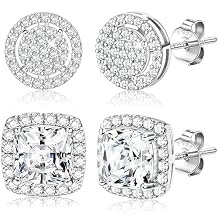 LOYALLOOK Cubic Zirconia Stud Earrings for Women Men Hypoallergenic 925 Sterling Silver Post Halo Studs Set Round Square Iced Out Earrings 18K Gold Plated Simulated Diamond Cut CZ Stud Earrings Set