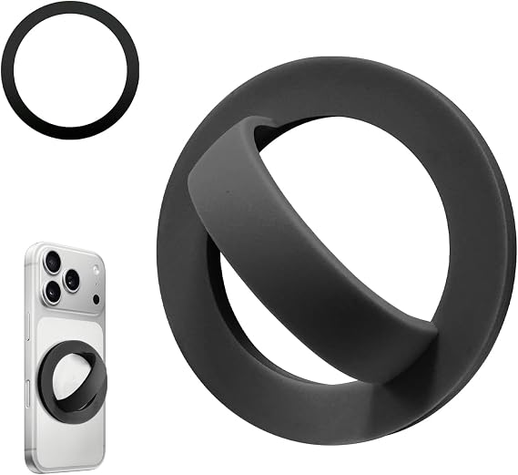 Magnetic Silicone Ring Grip Phone Holder, Rotating Finger Loop Ring Grip Holder, Soft and Portable, Strong Magnetic Attraction, Compatible with Magsafe for iPhone and Samsung Case (Black)