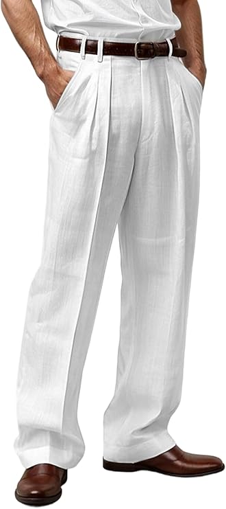 Mens Linen Cotton Pants Pleated Front Relaxed Fit Casual Beach Trousers with 4 Pocket