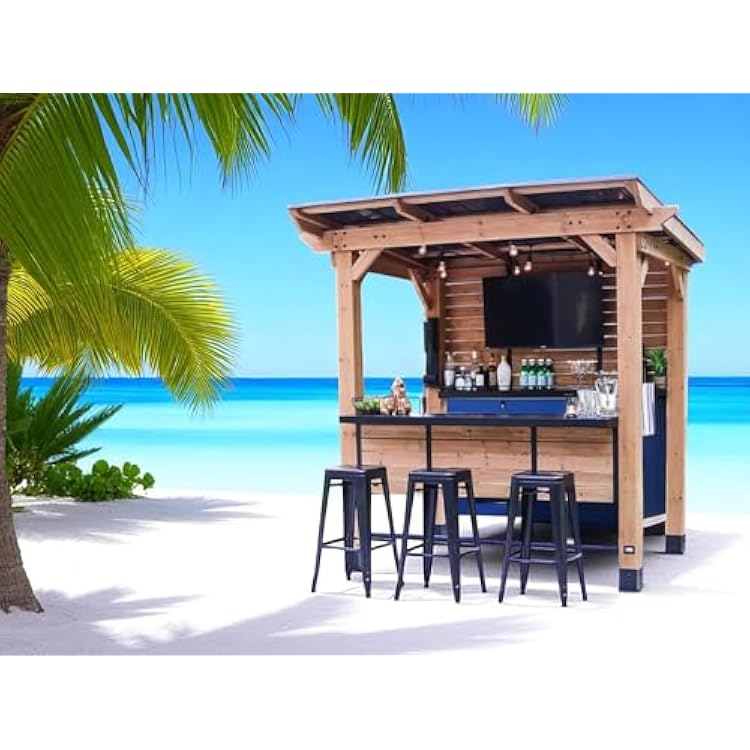 Modern Outdoor Cedar Bar Gazebo, bar top and Shelving, dent-Resistant Black Steel roof, Electrical outlets and USB Ports, Ideal for Any Outdoor Setting, Patio, Backyard, or Garden. DIY