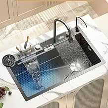 Digital Display Kitchen Sink Multifunction Two Waterfall Sink Stainless Steel Kitchen Sink with Embedded Knife Holder(75 * 46cm)