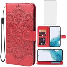 حافظة لهاتف Galaxy A54 Case، حافظة Samsung A54 5G SM-A546U مع واقي شاشة من الزجاج المقوى، حامل بطاقات ائتمان جلدي قابل للطي، حافظات غطاء هاتف لهاتف Samsung Galaxy A54 5G باللون الأحمر