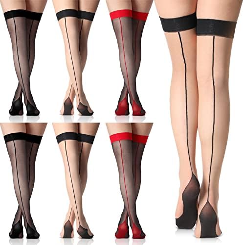 Sintege 6 Pairs Women Seamed Thigh High Stockings Cuban Heel Stockings Sheer Socks Backseam Thigh High Closed Toes Socks