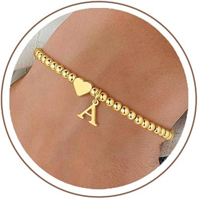 M MOOHAM Initial Bracelets for Teens Women, Dainty 14K-Gold-Plated Heart Initial Bracelets for Girls Beaded Bracelet for Teen Girls Jewelry Personalized Birthday Gifts Jewelry