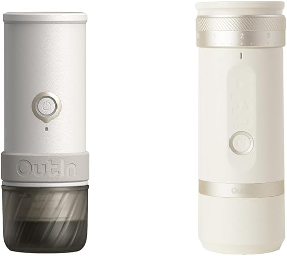 OutIn Mino with Fino, Portable Electric Espresso Machine with Portable Electric Coffee Grinder (White & White)