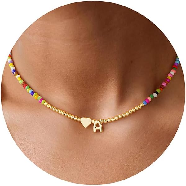M MOOHAM Heart Initial Necklaces for Girls Women Gifts - Colorful Beaded Tiny Heart Initial Necklace Choker Letter Necklace Jewelry for Teens Girl Birthday Gifts