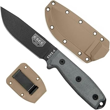 ESEE Knives 4P Fixed Blade Knife w/Handle and Molded Polymer Sheath Black Blade/Grey Micarta Handle/Coyote Tan Sheath