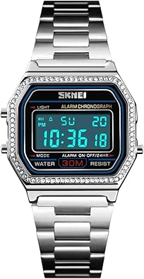 Gosasa Classic Unisex Women's Men's Digital Multifunction Stainless Steel Band Square Waterproof Watch (Silver)