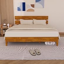 Karl home Solid Wood King Size Bed Frame with Slatted Headboard, Mid-Century Retro Style Platform Bed, Noise-Free Slat Support, No Box Spring Needed, for Bedroom, Guestroom,Walnut Brown