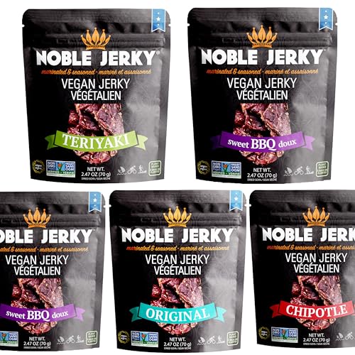 Noble Jerky Vegan Jerky Variety Pack, Plant-Based High Protein Snack, 14g Protein Per Bag, Vegetarian, Non-GMO, Meat-Free, 5 Pack 2.47oz Bags, BBQ, Teriyaki, Chipotle, Original, Hickory