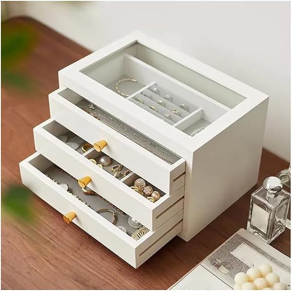 Wooden Jewelry Box, Drawer-Style Jewelry Box with Glass Lid, Retro Style Storage Box Suitable for Storing Bracelets, Necklaces, Rings,C 3 Layers of White