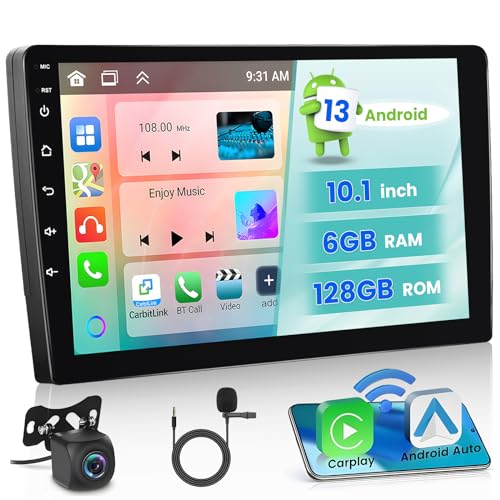 Hikity 8 Core 6128GB Android 13 Car Stereo Double Din Wireless Apple Carplay، 10.1 Inch IPS Touch Scren Android Radio Bluetooth 5.0، Android Auto، GPS، WiFi، 32EQ DSP، 59 UI Themes، Mic، Backup Cam