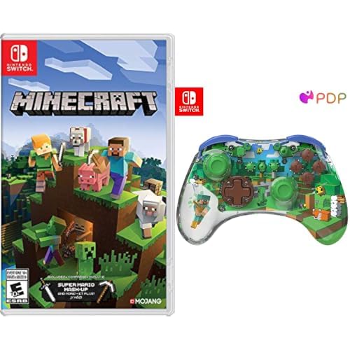 Minecraft Nintendo Switch Game  PDP REALMz Wireless Pro Controller with LED Lights, 40 Hour Battery & Steve Forest Biome Design Bundle
