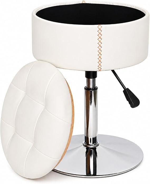 Adjustable Storage Vanity Stool with Flip-Over Wood Tray, 360 Swivel Vanity Chair with Storage, Small Round Makeup Stool for Vanity, White PU Leather