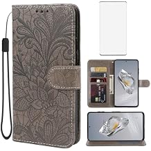 Case for OnePlus 12 Case, PJD110 Wallet Case with Tempered Glass Screen Protector, Lace Flower PU Leather Flip Credit Card Holder Phone Cover for OnePlus 12 5G Red