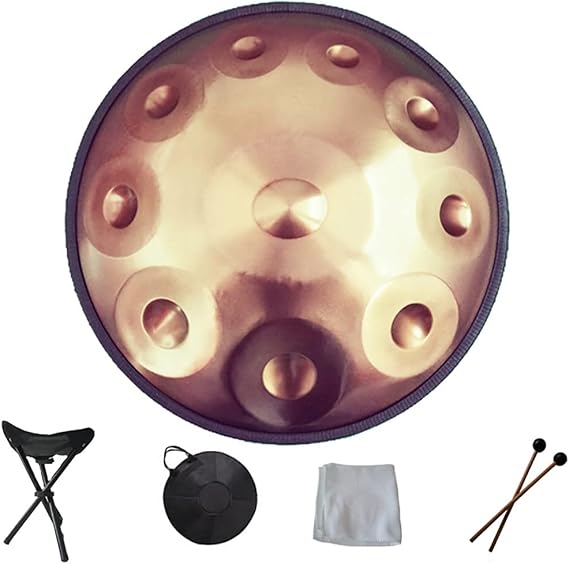 Handpan Drum In D Minor 10 Notes (D3 A Bb C D E F G A) 22 Inches Steel Hand Drum, Handpan Instrument With Soft Hand Pan Bag, Handpan Stand, Dust-Free Cloth (Color : Gold)
