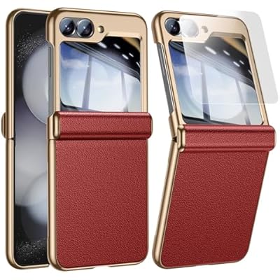 for Samsung Galaxy Z Flip 6 Leather Case: Magnetic Hinge Protection, Camera & Front Screen Protector, Premium Leather Glitter Slim Phone Case for Z Flip 6 Cover Red