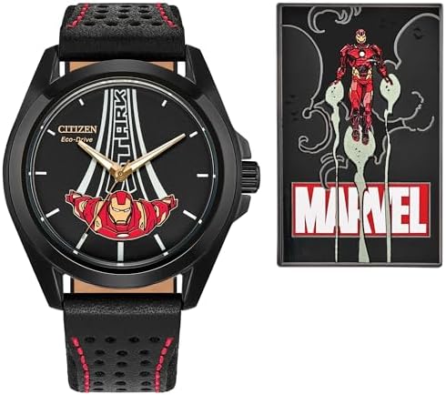 Citizen Mens Eco-Drive Marvel Tony Stark Watch, Black Leather Strap, Black Dial, 3 Hand Model: AW2095-41W
