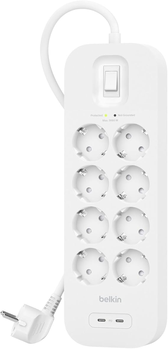 Belkin 8-piece multi-socket, high voltage protected, wall mount, 8 sockets, 2 m power cable, green light indicator, 2 USB C connections with USB-C PD for fast charging, 900 jul protection