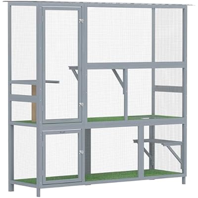 PawHut Catio Outdoor Cat Enclosure, 77 H Wooden Cat House with Weatherproof Roof, Platforms and Scratching Post, Large Catio for 2-3 Indoor Outdoor Kittens, 74 x 23 x 77, Light Gray
